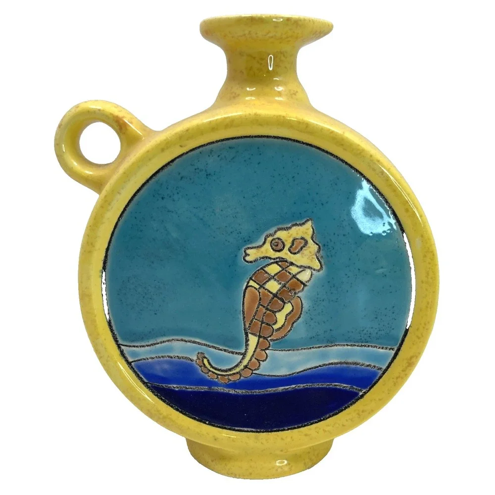 VTG Artesa Ecuador Hand Painted Starfish Seahorse Yellow Round Pottery Vase 7.5
